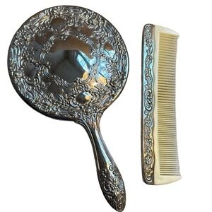 Antique Hollywood Regency Silver Plate Rose Pattern Vanity Hand Mirror & Comb